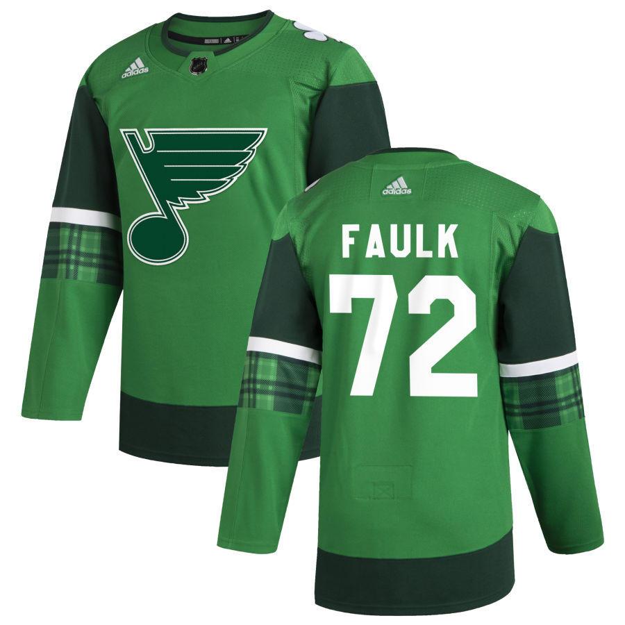 Cheap St. Louis Blues 72 Justin Faulk Men Adidas 2020 St. Patrick Day Stitched NHL Jersey Green
